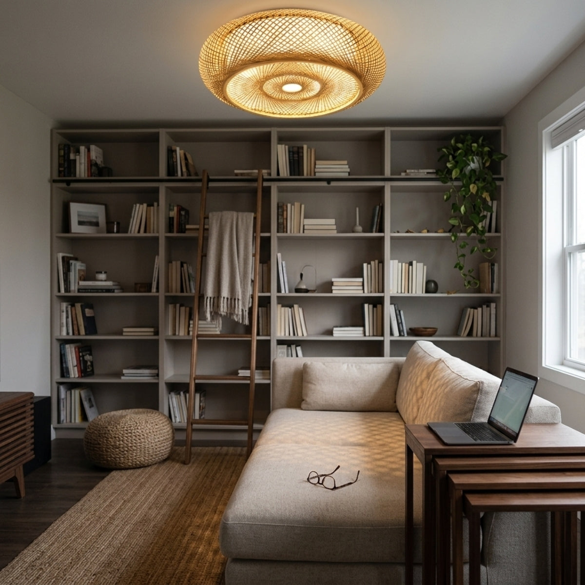 Oukaning Round Bamboo Flush Mount in living room, the 31.5-inch shade reading as a centerpiece over the sofa grouping with a low flush profile
