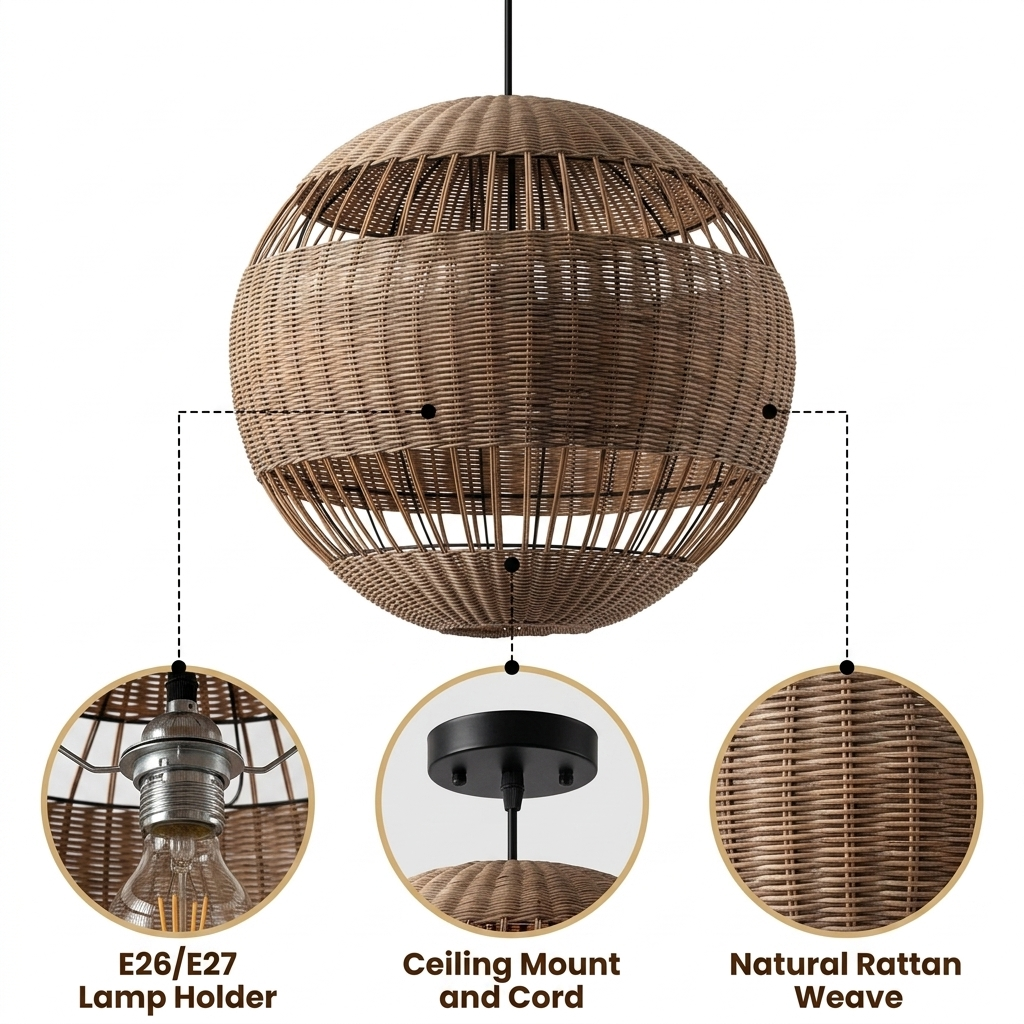 Palma Wicker Rattan Round Pendant with alternating dense and open three-zone banded weave, brown matte finish, hardwired or plug-in mount, one E26 socket for ambient glow