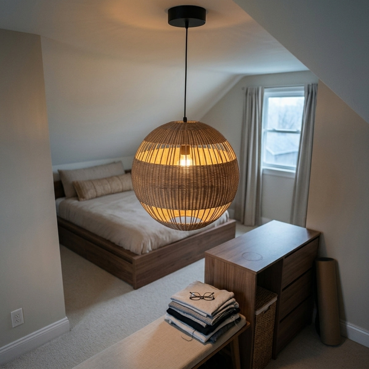 Palma Wicker Rattan Round Pendant in bedroom, the 11.8-inch globe standing in for a table lamp with open weave throwing a soft banded glow across the wall