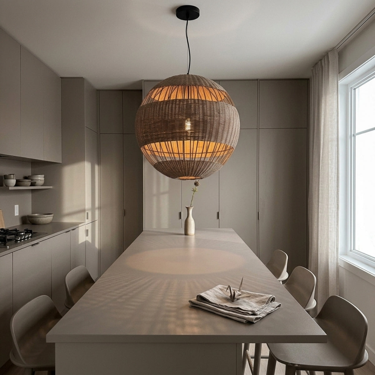 Palma Wicker Rattan Round Pendant clustered over kitchen island, two or three globes spaced evenly reading as a line of light along the counter