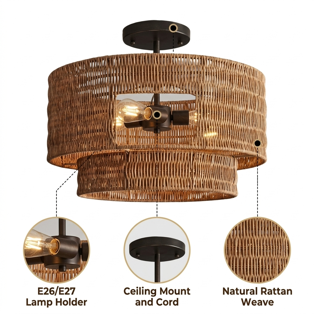 Paloma Wicker Rattan Double Drum Semi Flush Mount with horizontal drum weave, brown matte finish, flush ceiling mount, one E26 socket for ambient wash
