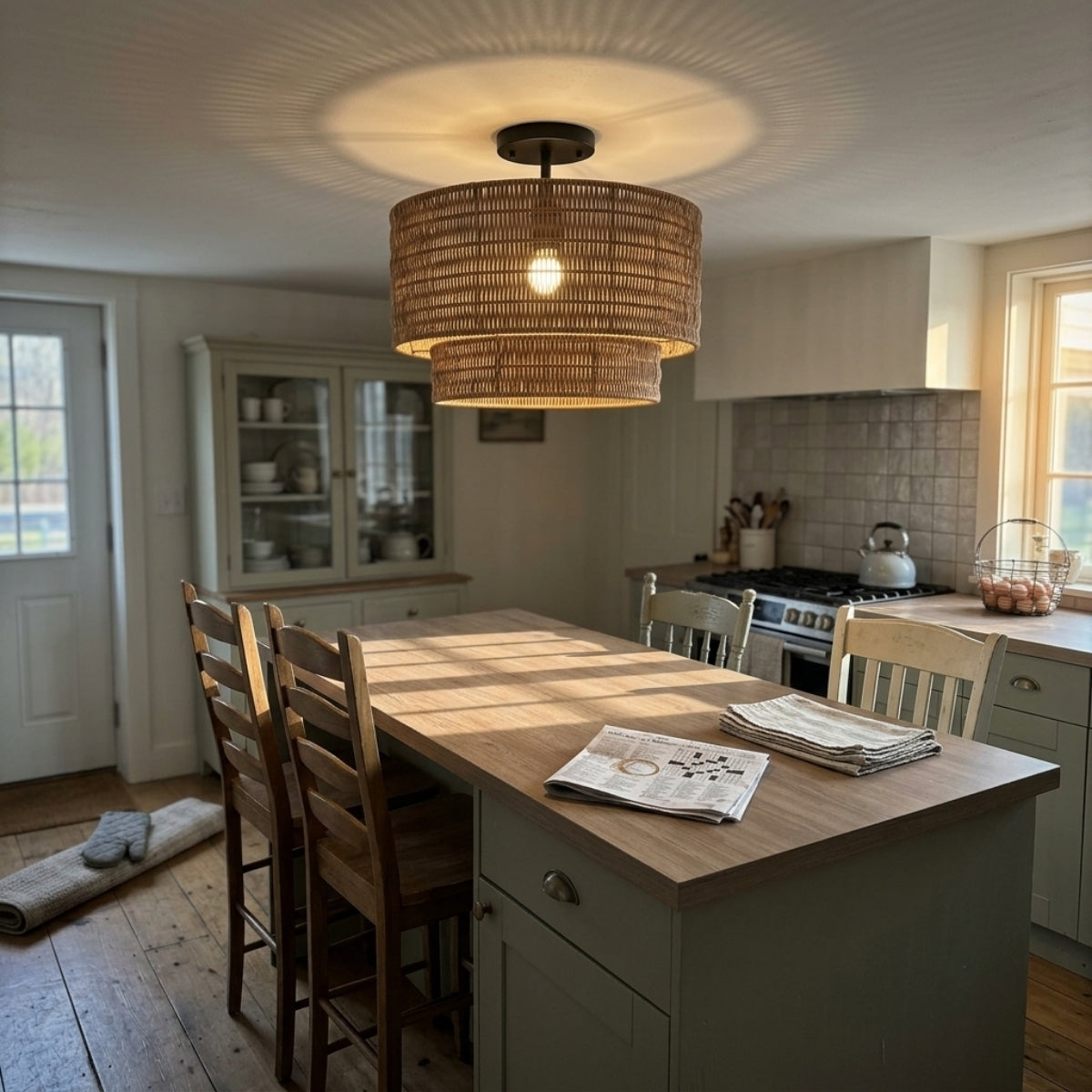 Paloma Wicker Rattan Double Drum over kitchen island, the 15.7-inch drums run in a row of two or three delivering higher lumens across the counter