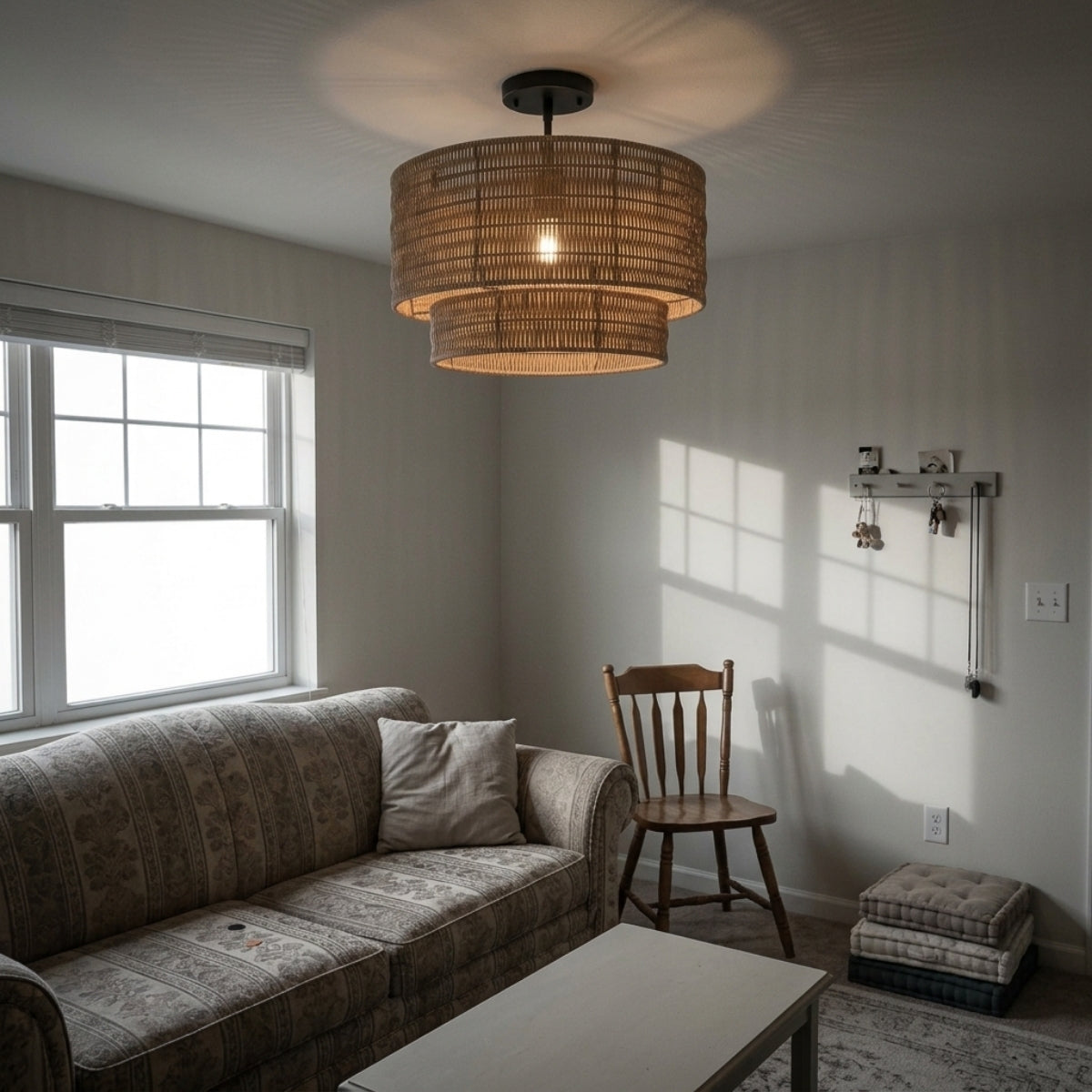 Paloma Wicker Rattan Double Drum in living room, the 31.5-inch drum reading as a ceiling centerpiece over the sofa and coffee table seating cluster