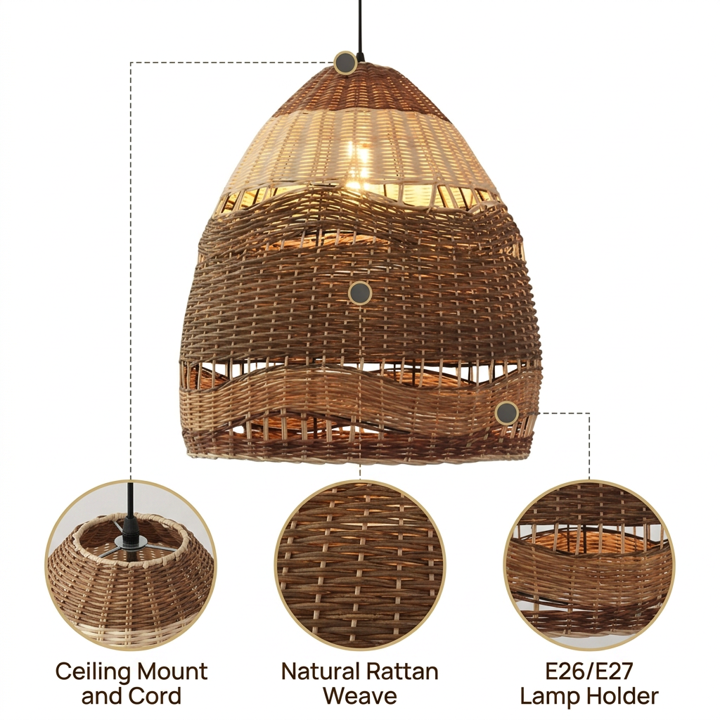 Pantalla Wicker Rattan Pendant with alternating tight and loose horizontal banding, brown matte finish, hardwired or plug-in mount, one E26 socket for soft ambient glow