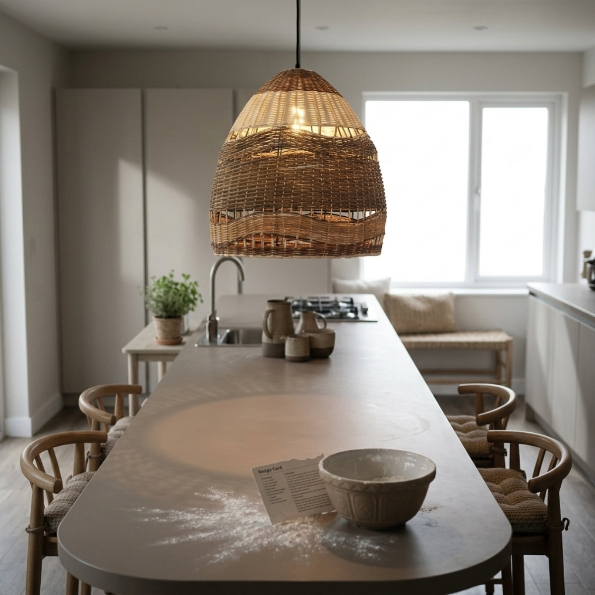 Pantalla Wicker Rattan Pendant clustered over kitchen island, two or three 17.7-inch shades spaced evenly reading better than one large pendant for coverage