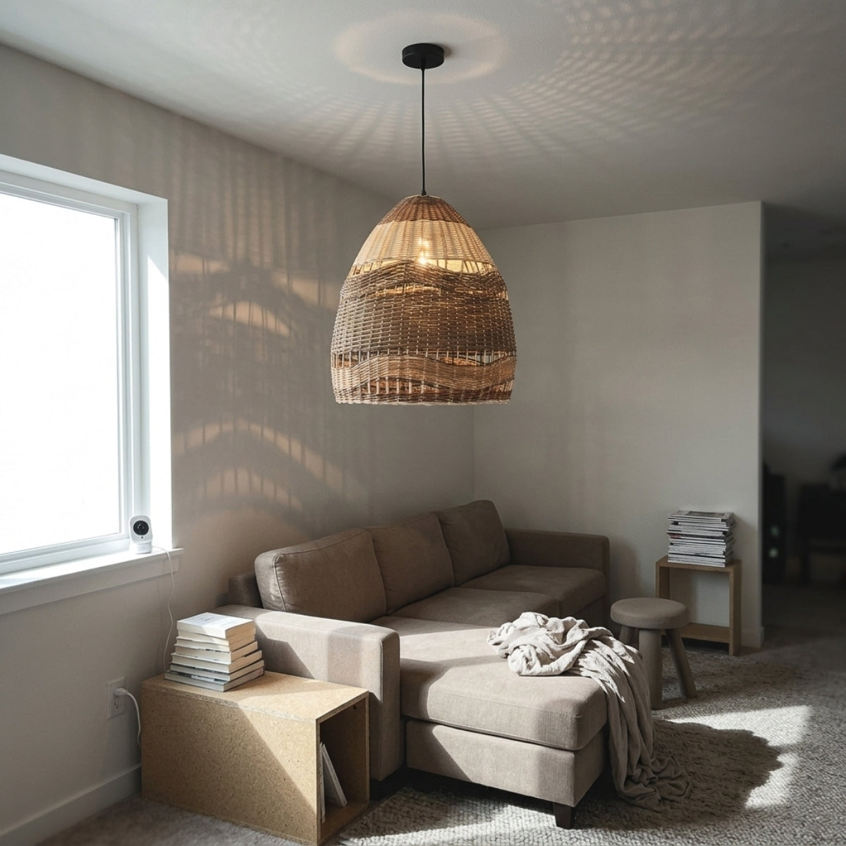 Pantalla Wicker Rattan Pendant in living room, the 31.5-inch dense dome anchoring the seating cluster while its open band throws ambient shadow on the walls
