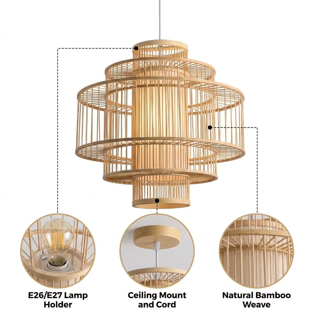 Parren Japanese Bamboo Pendant with vertical slat construction in cascading tiers, natural matte finish, hardwired or plug-in mount, one E26 socket for diffused glow