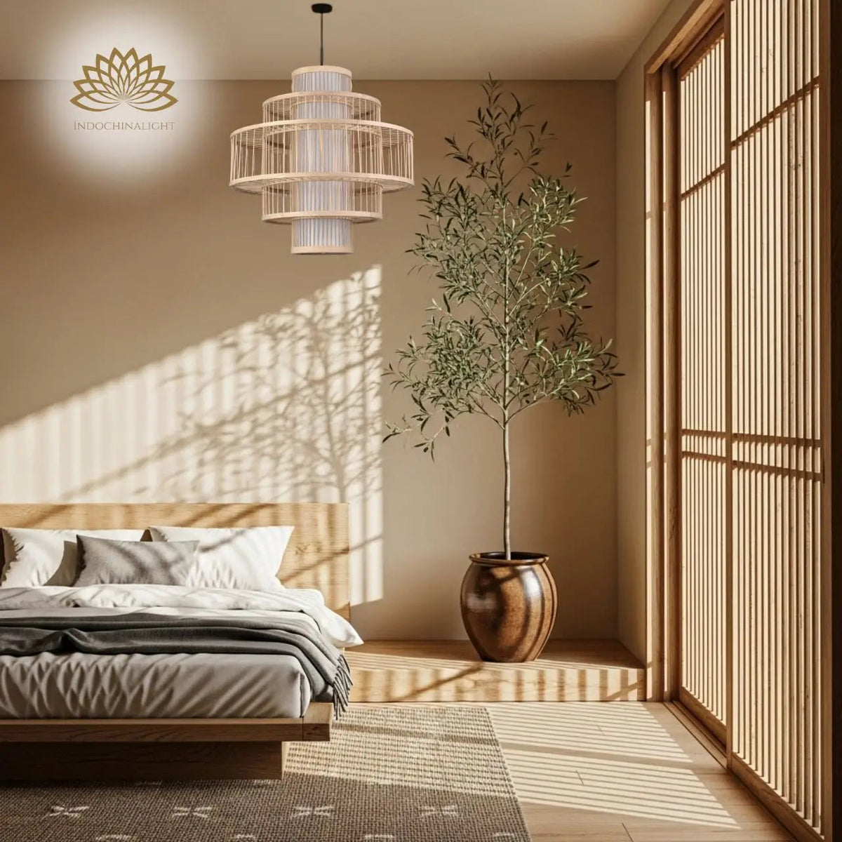 Parren Japanese Bamboo Pendant in bedroom, the 15.7-inch tiered shade hung low beside the bed in place of a nightstand lamp