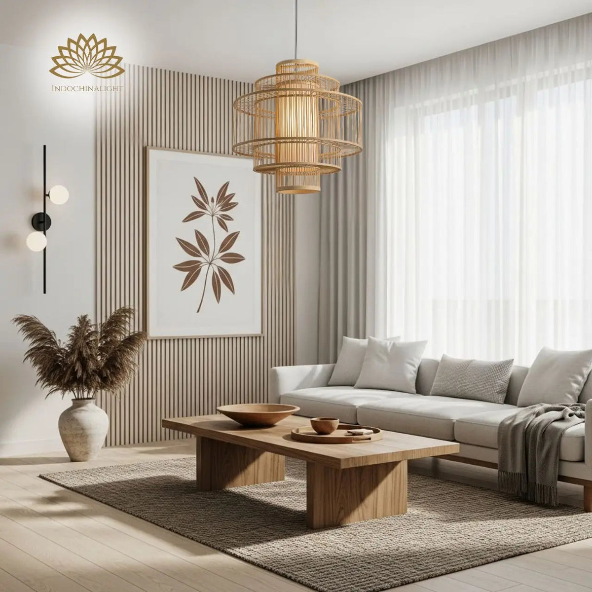 Parren Japanese Bamboo Pendant in living room, the 23.6-inch cascading tiers reading as a centerpiece over the coffee table without crowding sightlines