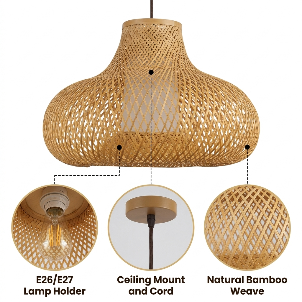 Pastoral Country Handwoven Bamboo Pendant with diagonal interlaced diamond lattice, natural matte finish, hardwired or plug-in mount, one E26 socket for ambient glow