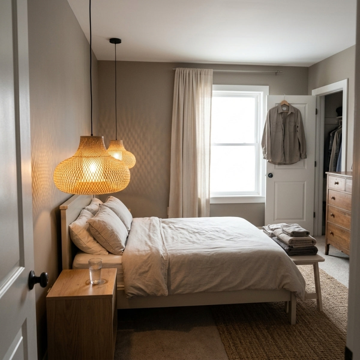 Pastoral Country Handwoven Bamboo Pendant in bedroom, the 15.7-inch shade replacing a table lamp above the nightstand clearing a stack of books
