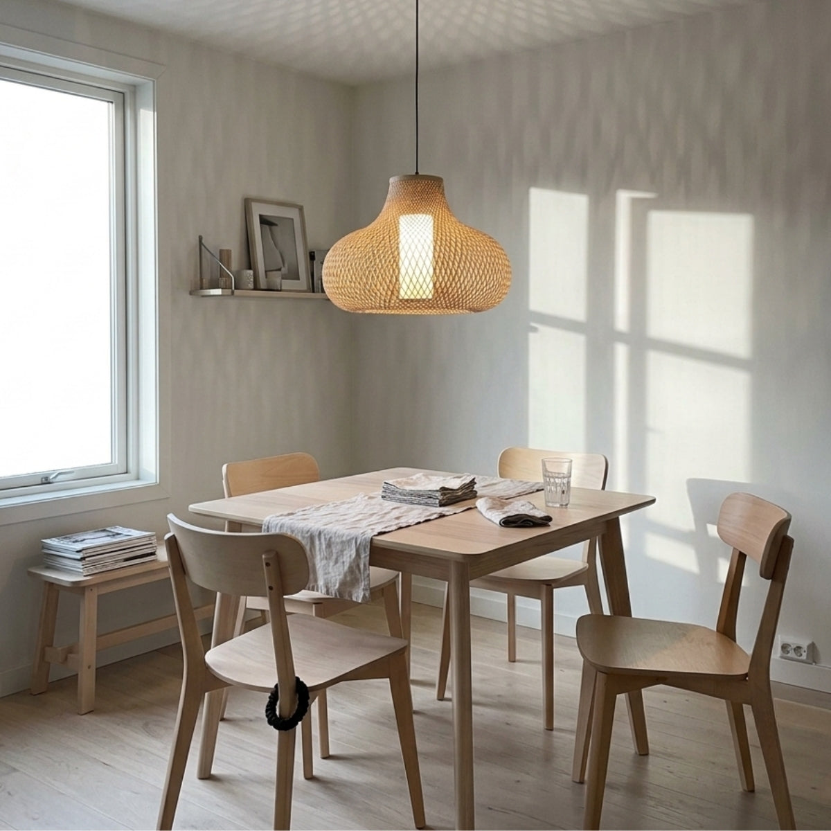 Pastoral Country Handwoven Bamboo Pendant in dining room, the 19.7-inch shade centered over a six-seat table clearing sightlines above the tabletop