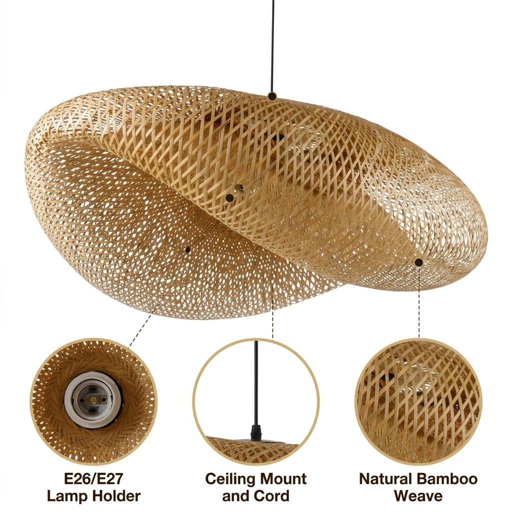 Pattranan Wabi Sabi Bamboo Woven Pendant with hand-plaited open wicker lattice weave, natural matte finish, hardwired or plug-in mount, one E26 socket for downward task glow