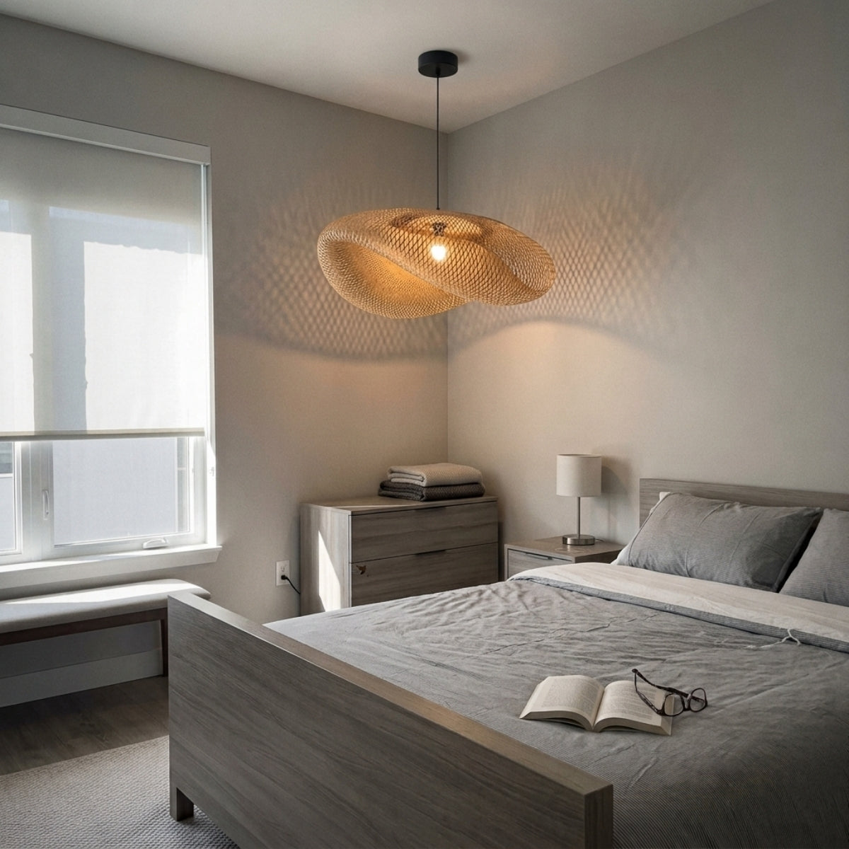 Pattranan Wabi Sabi Bamboo Woven Pendant in bedroom, the balanced oval form working as a bedside pendant freeing up nightstand surface for reading