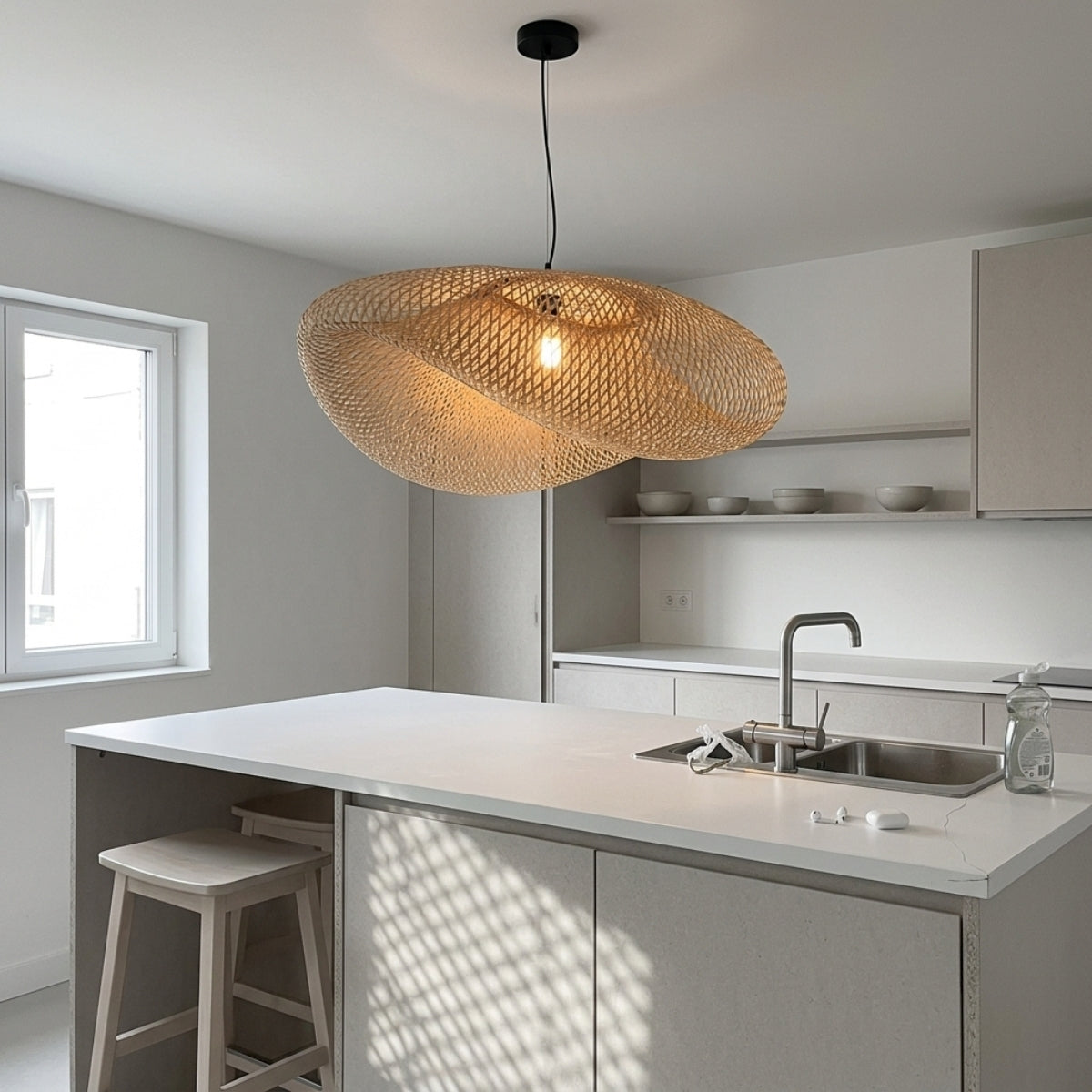 Pattranan Wabi Sabi Bamboo Woven Pendant clustered over kitchen island, smaller domes matching the run of countertop below with even spacing