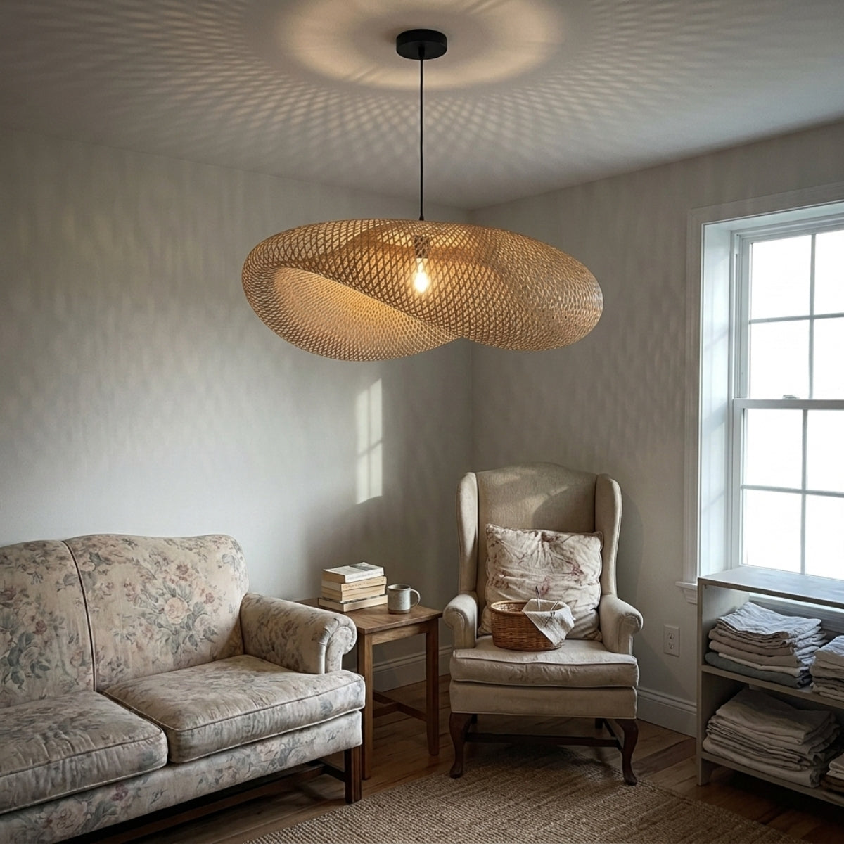 Pattranan Wabi Sabi Bamboo Woven Pendant in living room, the wide shallow dome casting soft ambient light across the sofa and coffee table below