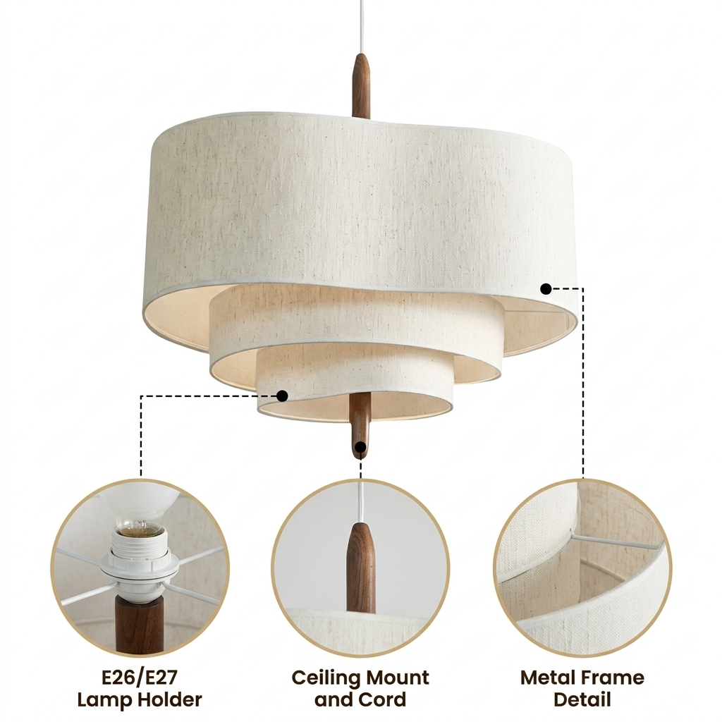 Pebble Wabi Sabi Fabric Pendant with graduated stacked-tier pebble-stack silhouette, white matte finish, hardwired or plug-in mount, one E26 socket for diffused ambient glow