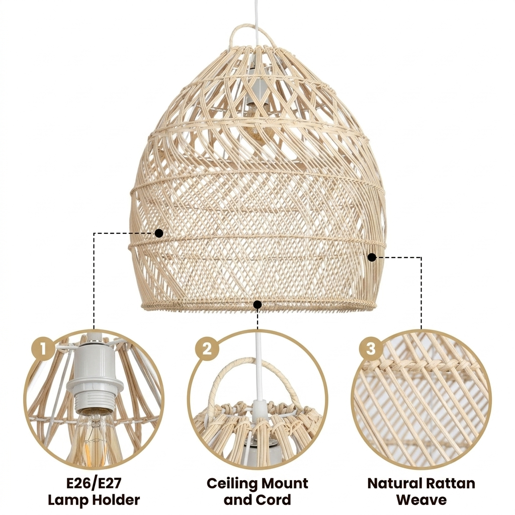 Perio Rattan Basket Pendant Light with graduated natural rattan basket weave, open lattice crown to diamond base, adjustable suspension mount, warm E26 ambient glow