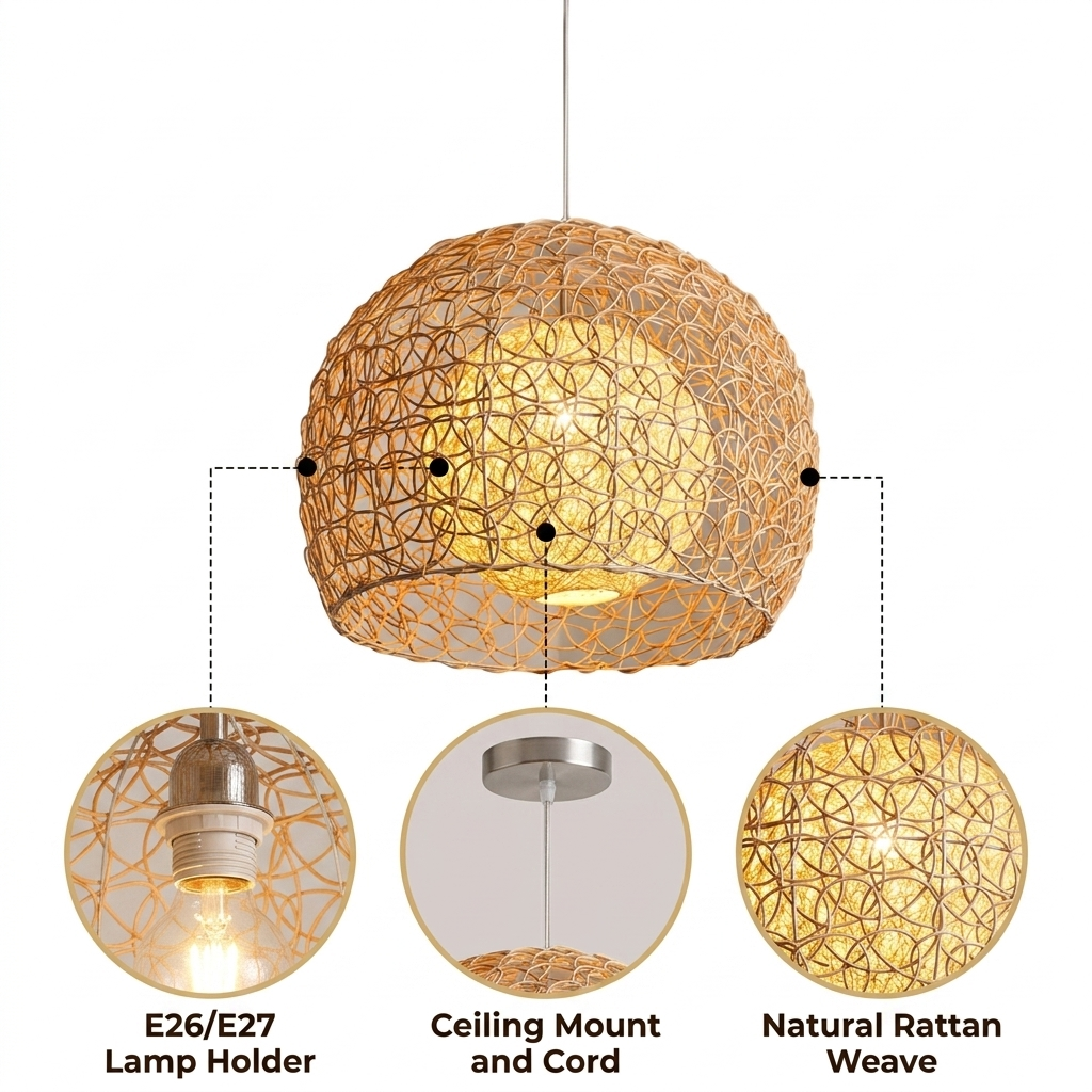 Peynir Rattan Basket Pendant Light Small with circular interlocking natural rattan weave, adjustable suspension mount, warm E26 glow, natural matte finish throughout