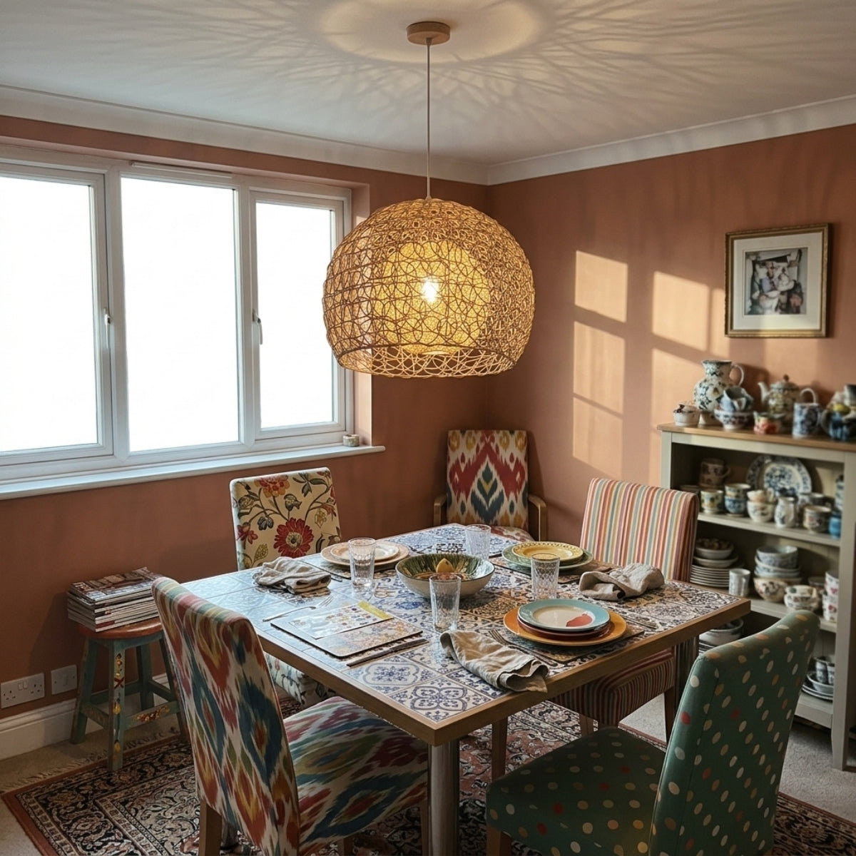 Peynir Rattan Basket Pendant Light Small above dining table, 19.7-inch or 23.6-inch basket weave casting a honeyed pattern across the tablecloth below