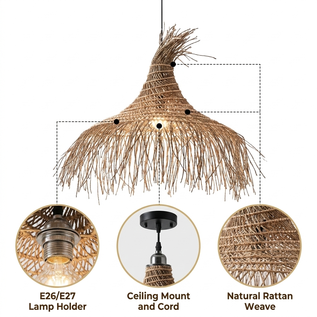 Pipa Coastal Rattan Kitchen Pendant Light with two-tier basket weave and flowing fiber strands, adjustable suspension mount, warm E26 downward task light