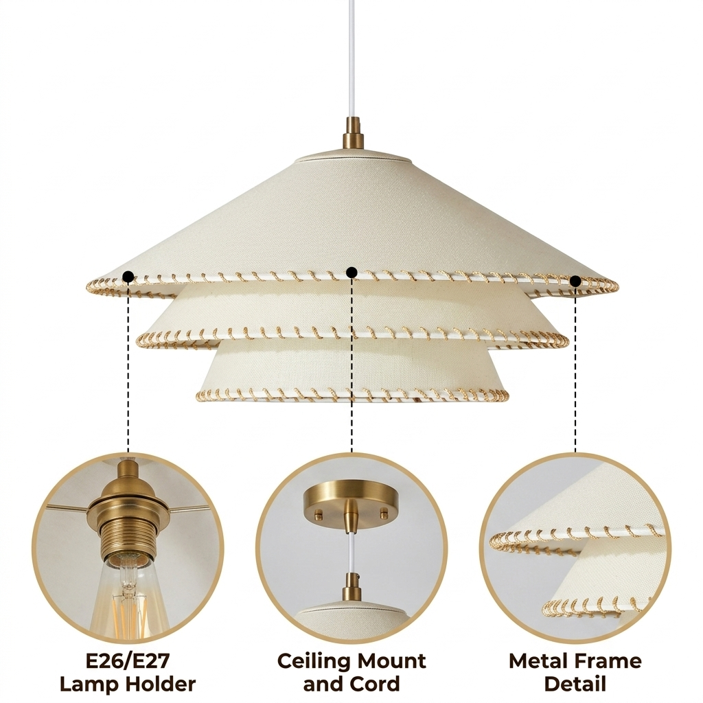 Planas Wabi Sabi Tiered Pendant Light with three-tier stitched parchment fabric layering, white matte finish, adjustable suspension mount, warm E26 ambient glow
