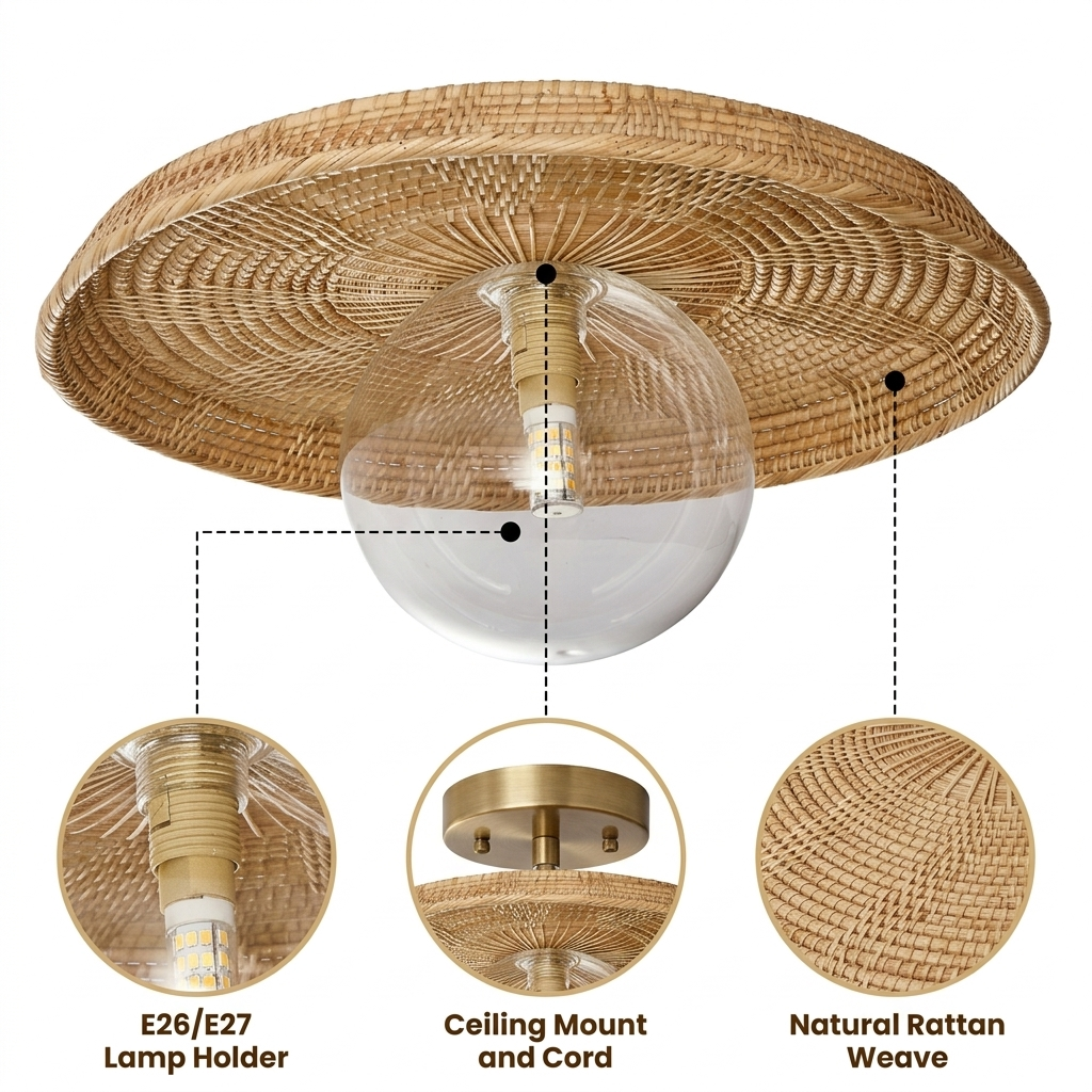 Plato Boho Rattan Ceiling Flush Mount with radial sunburst natural rattan weave, low-profile flush mounting, natural matte finish, warm E26 ambient glow
