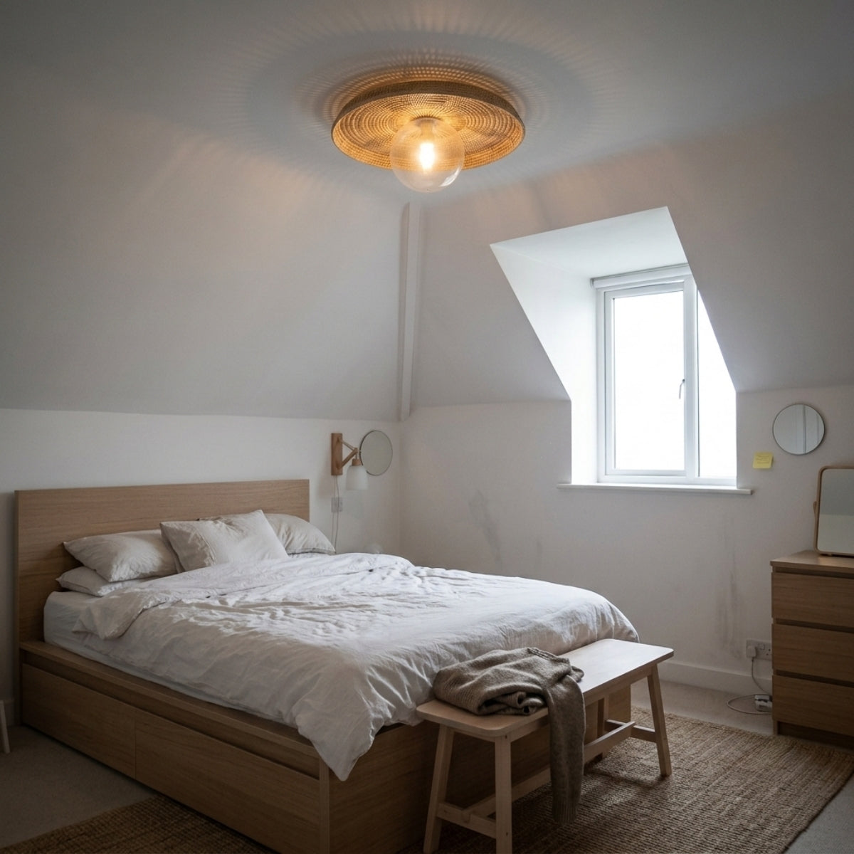 Plato Boho Rattan Ceiling Flush Mount in bedroom, plug-in disc hung beside the nightstand freeing surface space with warm dimmable sunburst-weave glow