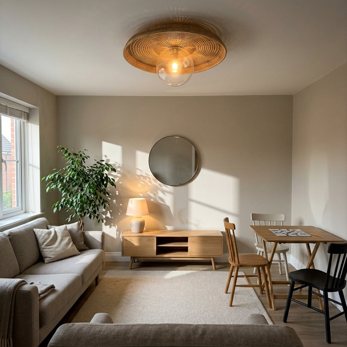 Plato Boho Rattan Ceiling Flush Mount in living room, compact sunburst disc mounted flat above the coffee table reading as soft ambient light