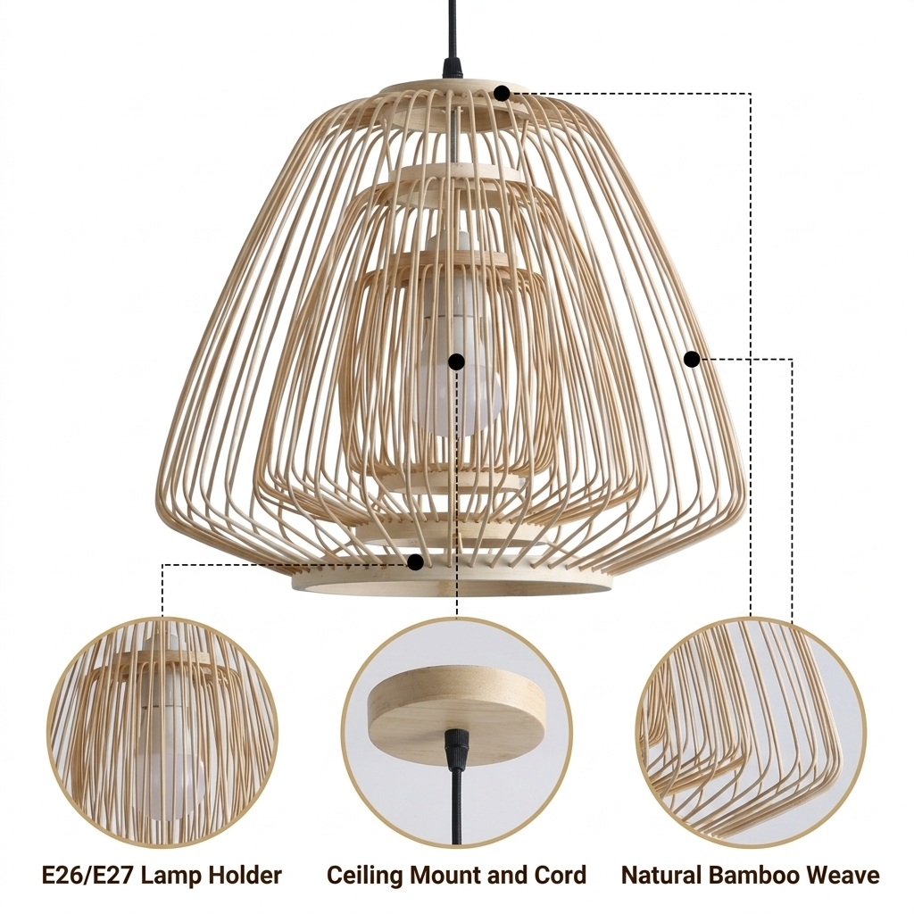 Plura Abstract Bamboo Pendant Light with vertical-slat multi-tiered open bamboo weave, adjustable suspension mount, natural matte finish, warm E26 rippling shadow glow