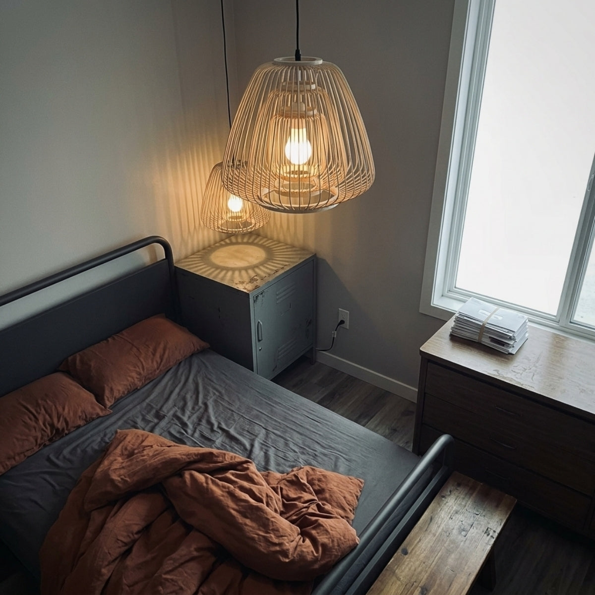 Plura Abstract Bamboo Pendant Light in bedroom, 15.7-inch tiered shade hanging above the nightstand replacing a table lamp with warm dimmable glow