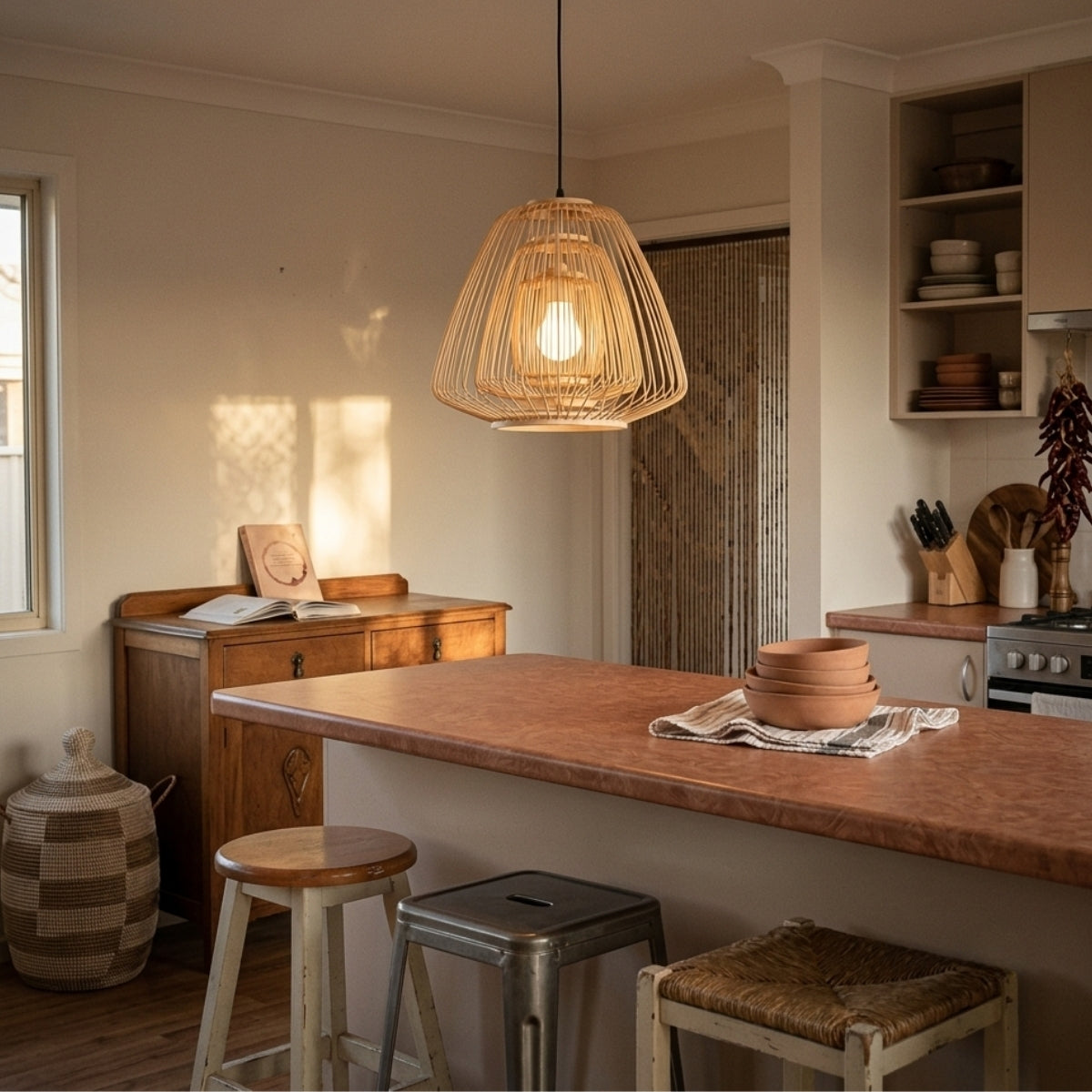 Plura Abstract Bamboo Pendant Light over kitchen island, clustered 15.7-inch pendants spaced evenly casting even task light across the prep counter surface