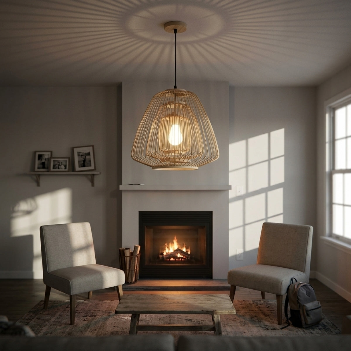 Plura Abstract Bamboo Pendant Light in living room, 23.6-inch open cage centerpiece above the coffee table throwing shadow patterns across the sofa area