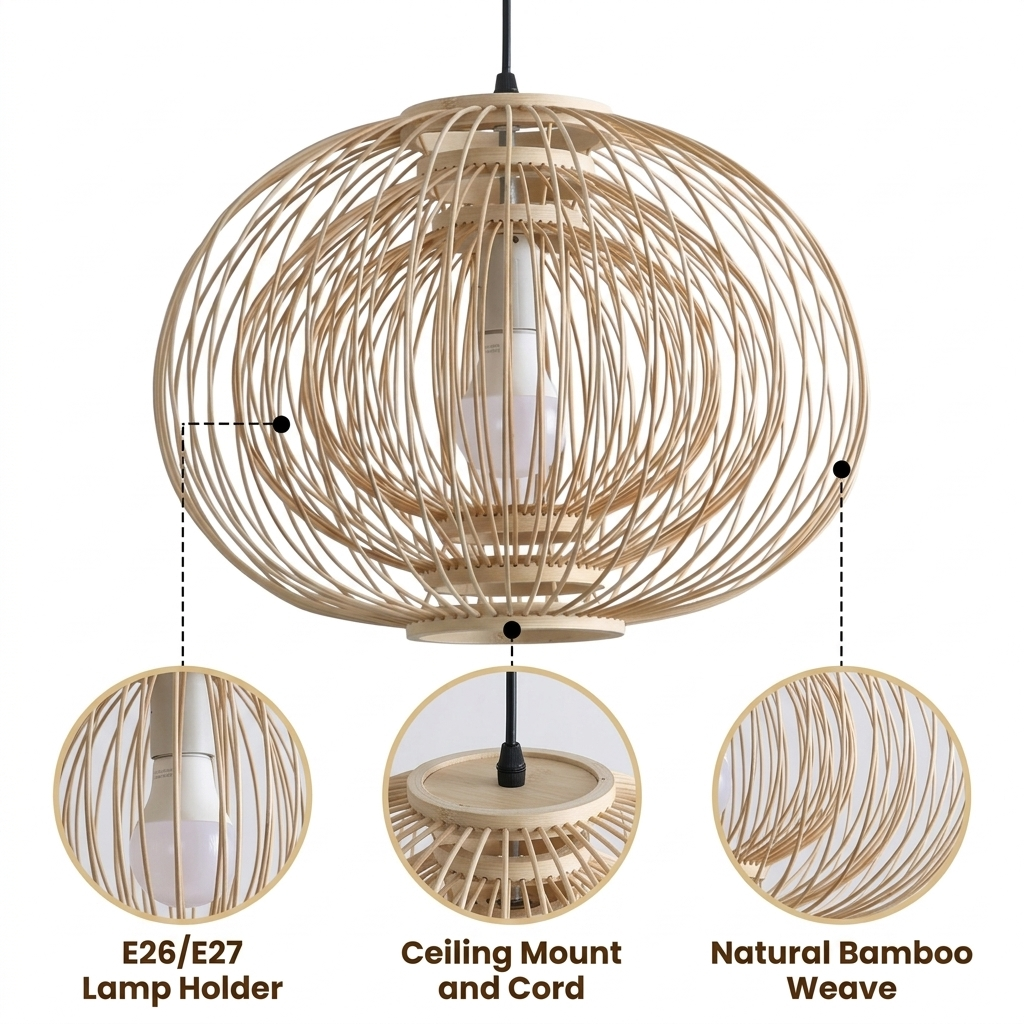 Plura Sphere Bamboo Pendant Light with open bamboo strip spherical basket weave, adjustable suspension mount, natural matte finish, warm E26 rippling shadow glow