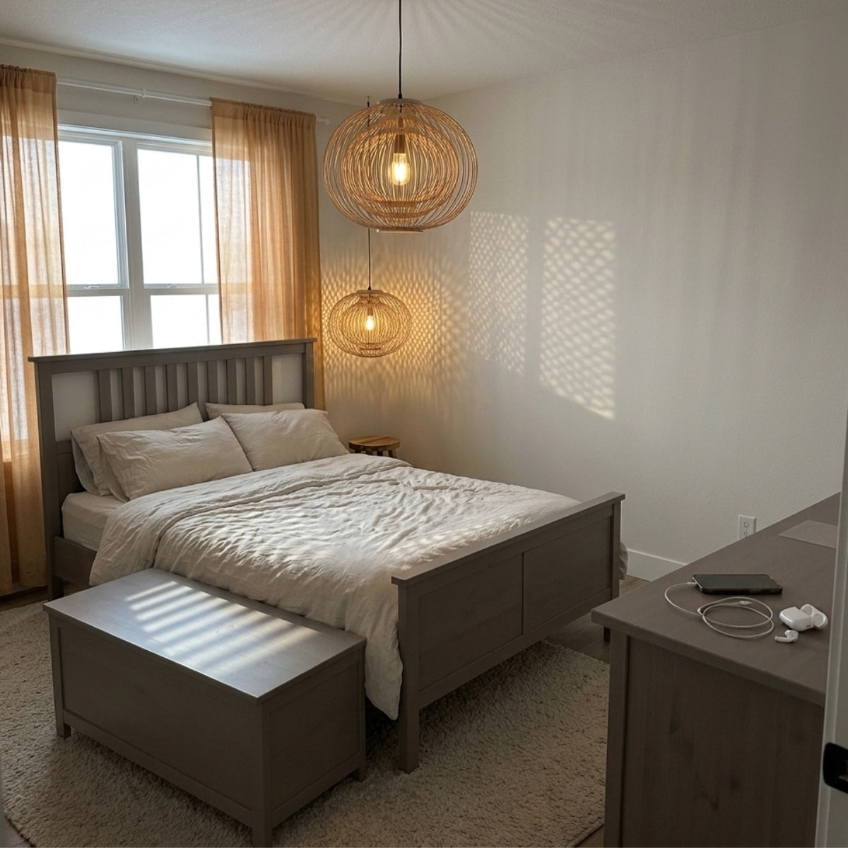 Plura Sphere Bamboo Pendant Light in bedroom, 15.7-inch sphere beside the nightstand casting a soft woven-texture glow that will not overpower the room
