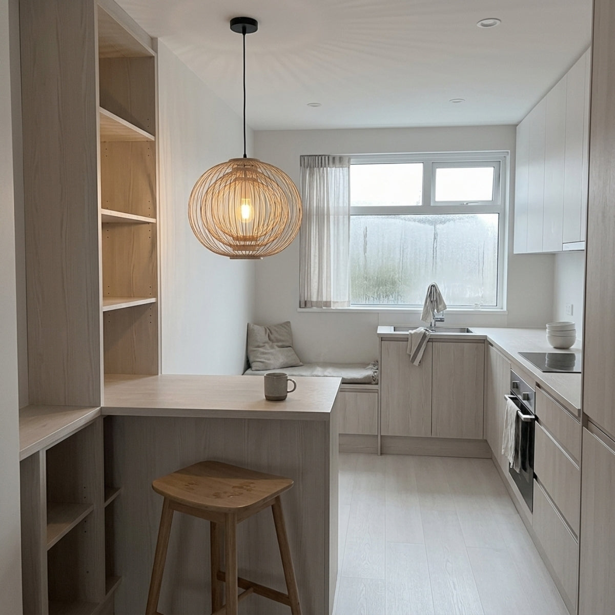 Plura Sphere Bamboo Pendant Light over kitchen island, clustered 15.7-inch spheres spaced evenly delivering higher lumens while keeping sightlines open across the counter