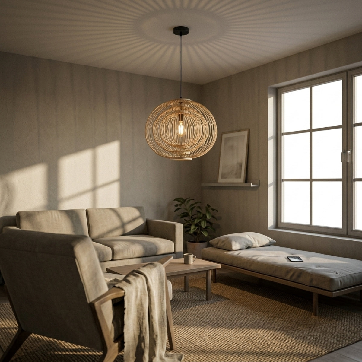 Plura Sphere Bamboo Pendant Light in living room, largest globe centerpiece over the coffee table with its lattice throwing patterns across the ceiling