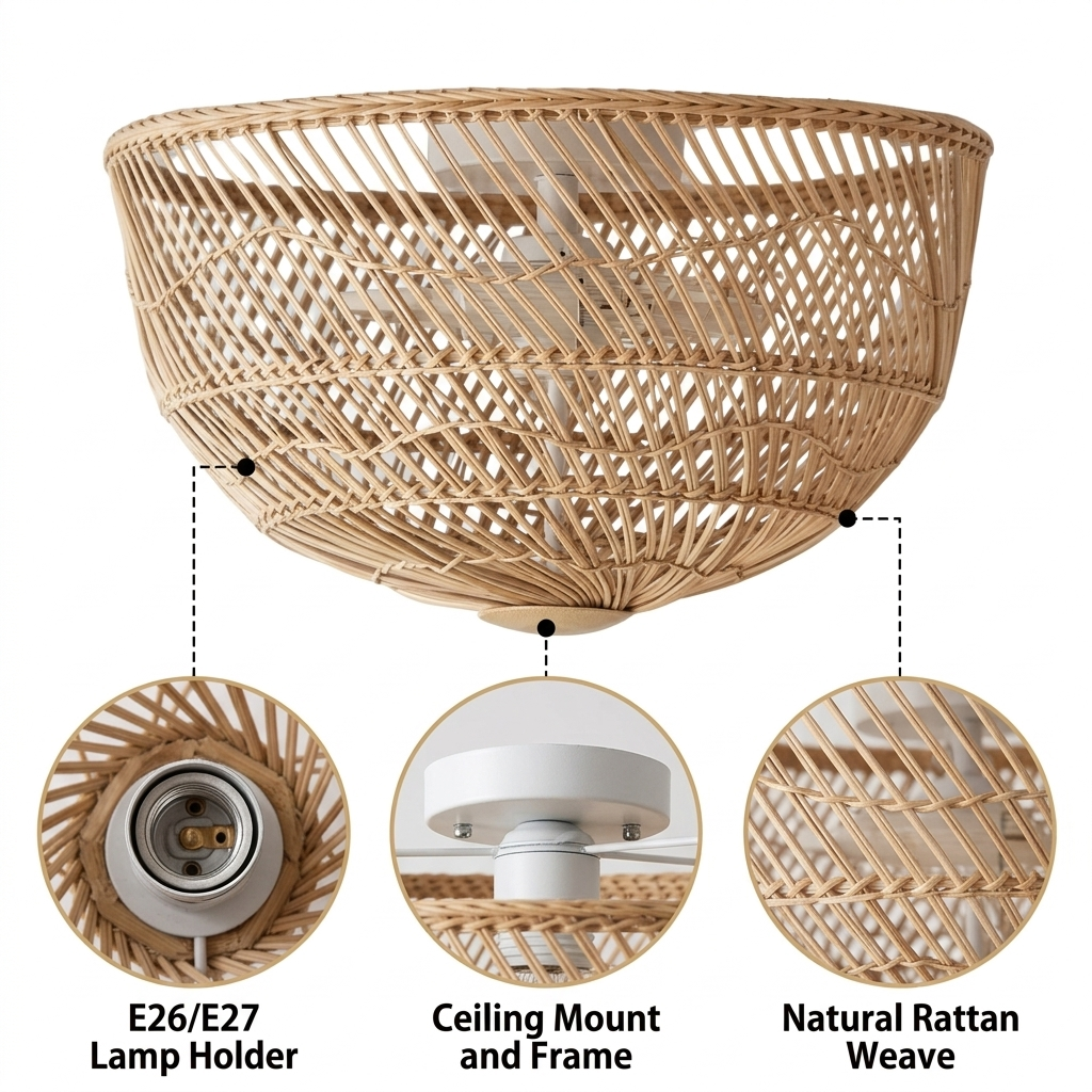Pottery Barn White Dome Rattan Light Fixture with radial diamond-lattice rattan weave, low-profile flush mounting, white matte finish, warm E26 rippling shadow glow