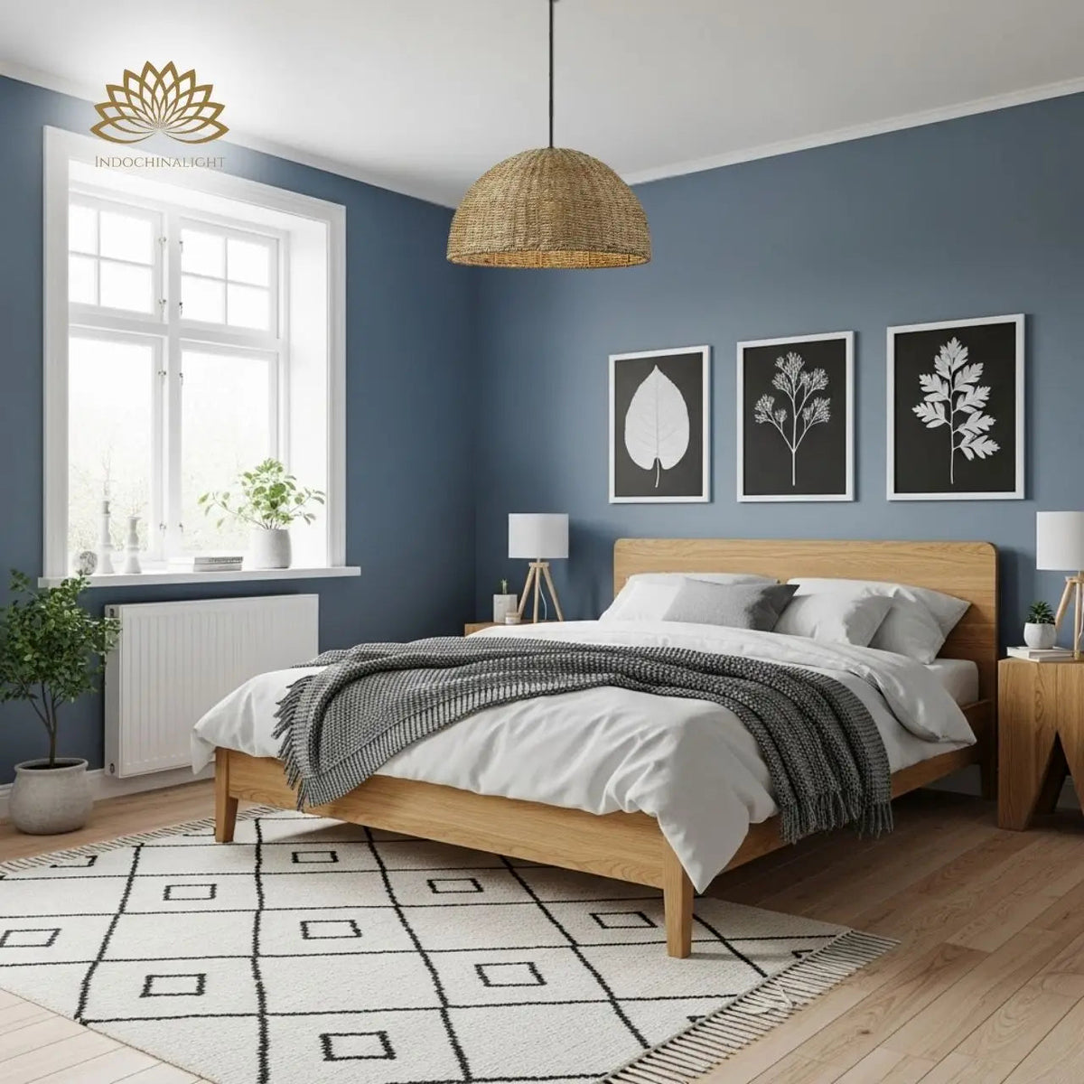 Pourel Dome Wicker Pendant Light in bedroom, 15.7-inch dome beside the bed replacing a table lamp with soft dimmable jute-woven ambient glow