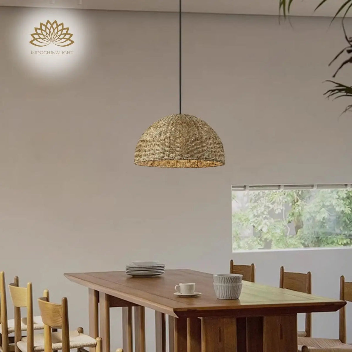 Pourel Dome Wicker Pendant Light above dining table, 19.7-inch or 23.6-inch dome covering the tabletop with light while keeping sightlines clear across seating