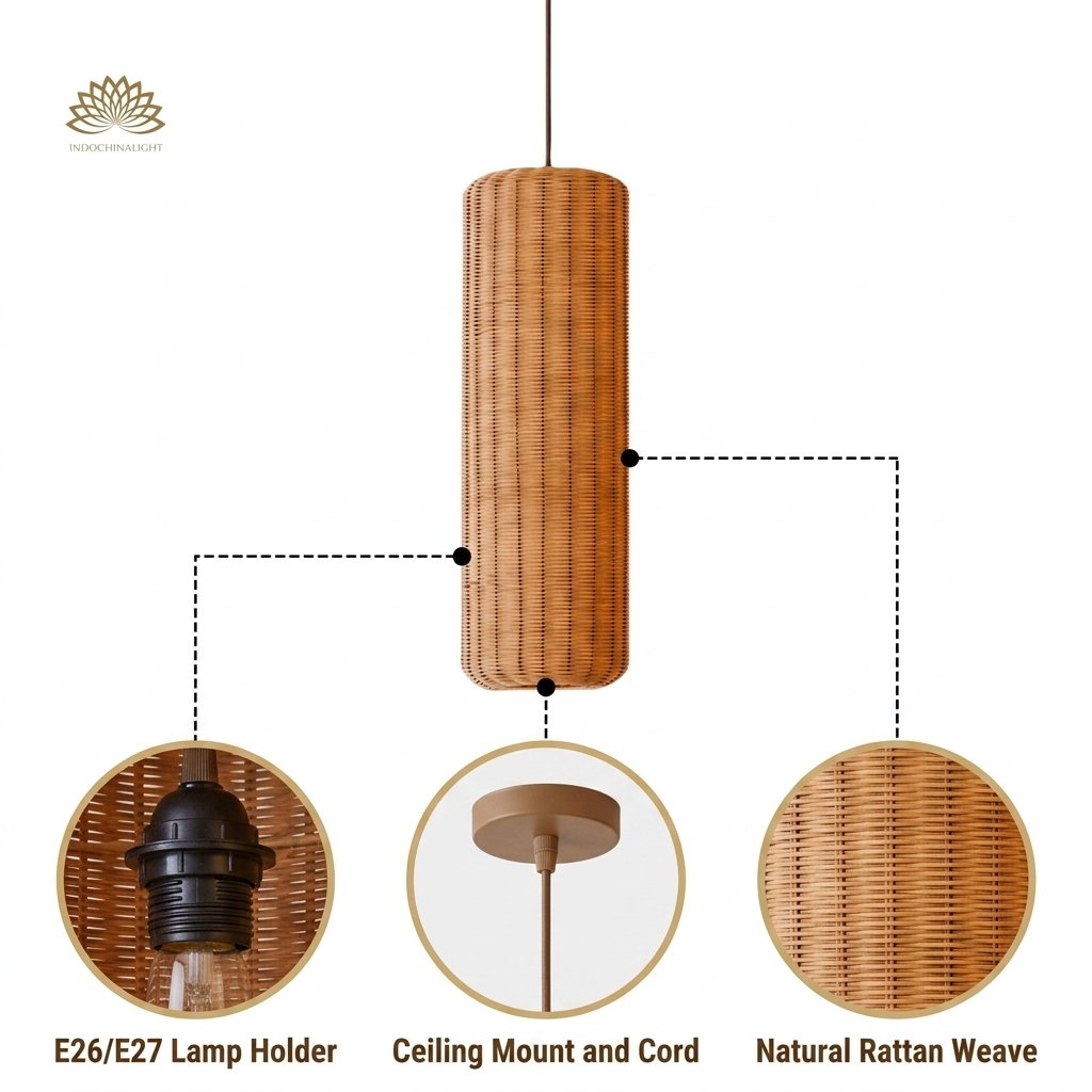 Punna Cylinder Wicker Rattan Pendant Light with vertical rattan strip weave, brown matte finish, adjustable suspension mount, warm E26 upward and downward glow
