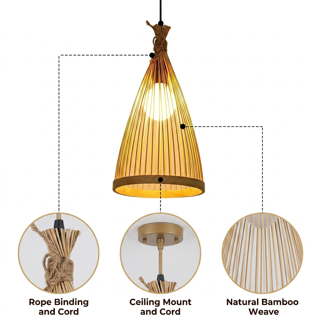 Rasri Small Cone Bamboo Pendant Light Shade with open-weave spiral bamboo strip cone, adjustable suspension mount, natural matte finish, warm E26 downward glow