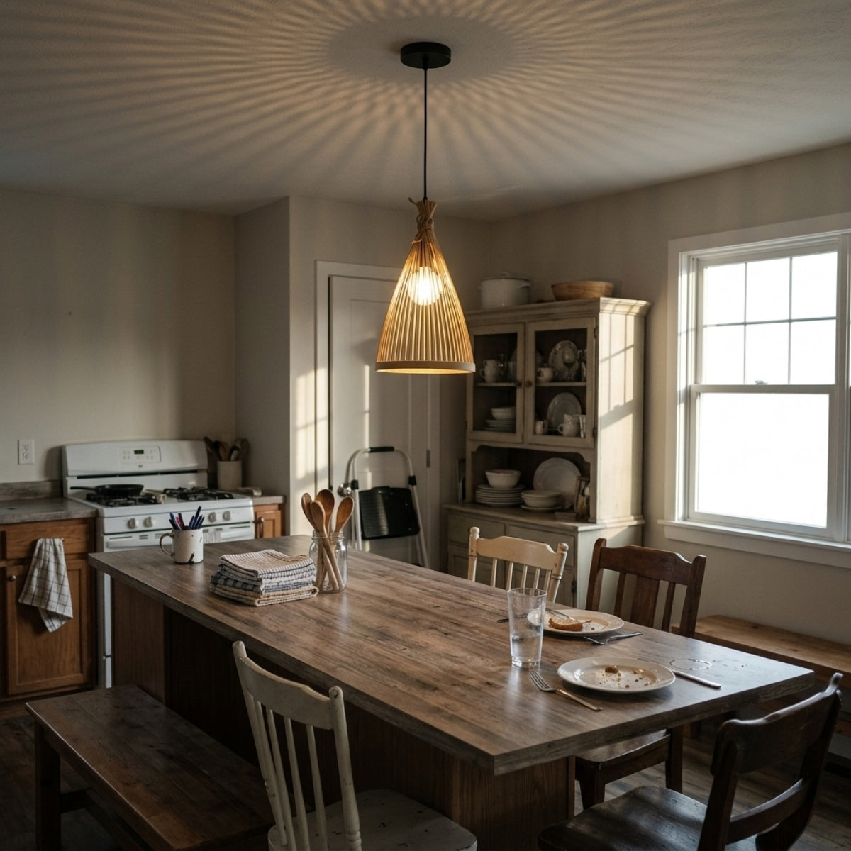 Rasri Small Cone Bamboo Pendant Light Shade over kitchen island, clustered 7.9-inch cones spaced evenly delivering brighter woven light for prep work