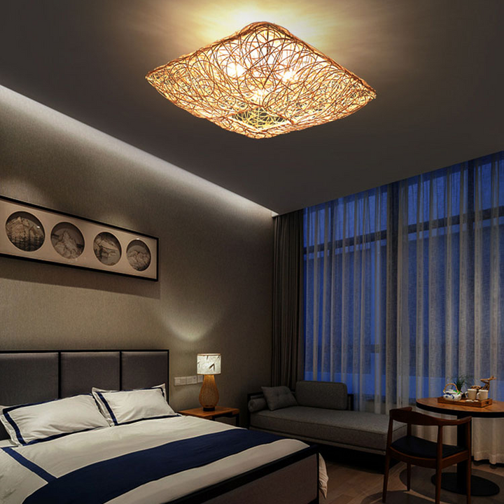 Japanese Square Rattan Flush Ceiling Light