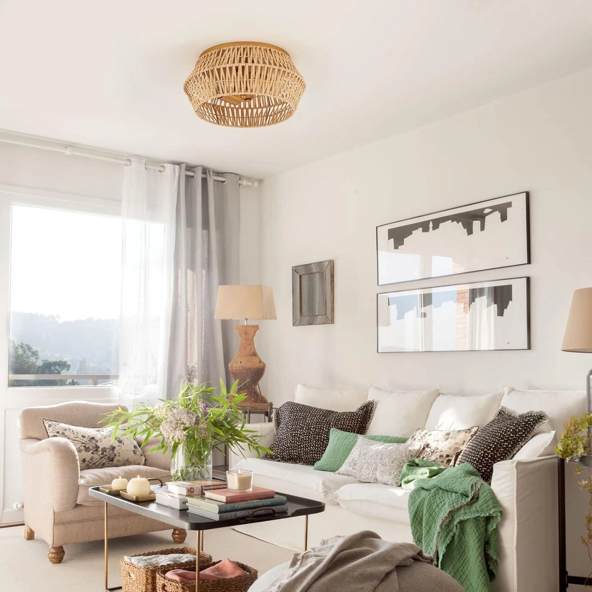 Cattleya Boho Rattan Ceiling Light in cozy living room