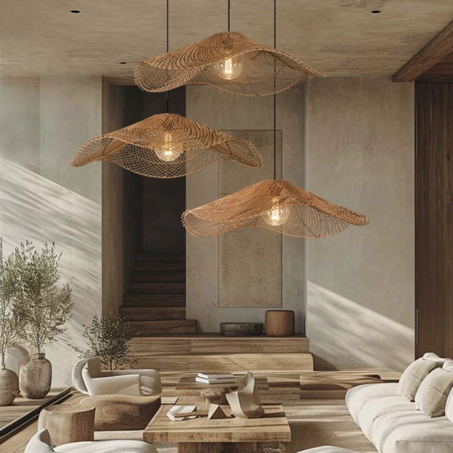 Rattan Chapeau Hanging Light in living room