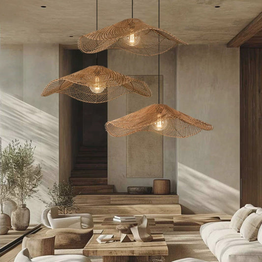 Rattan Chapeau Hanging Light in living room