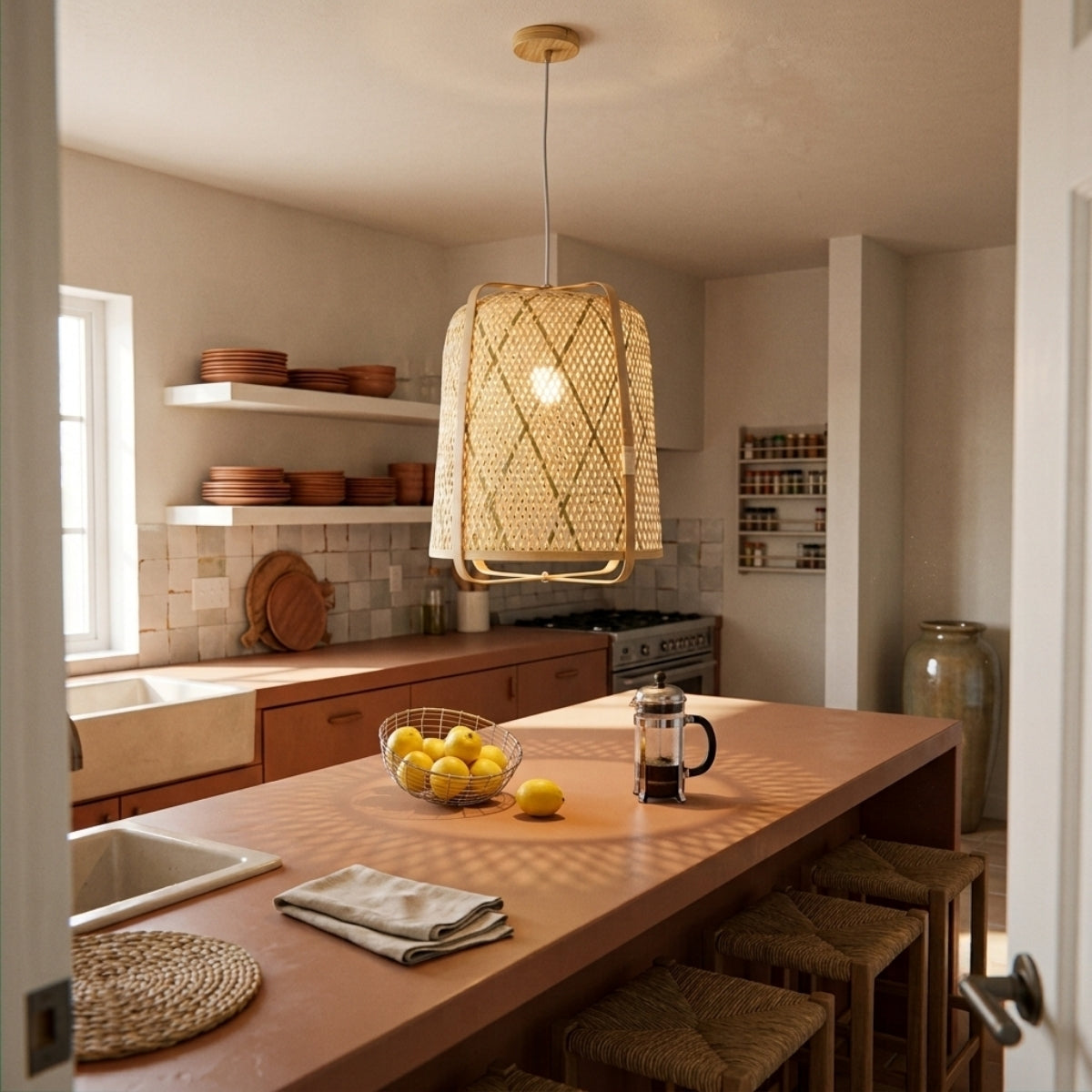 Rcidos Bamboo Wicker Pendant Light over kitchen island, clustered cylinders spaced evenly with open weave still letting bright light through for close prep tasks