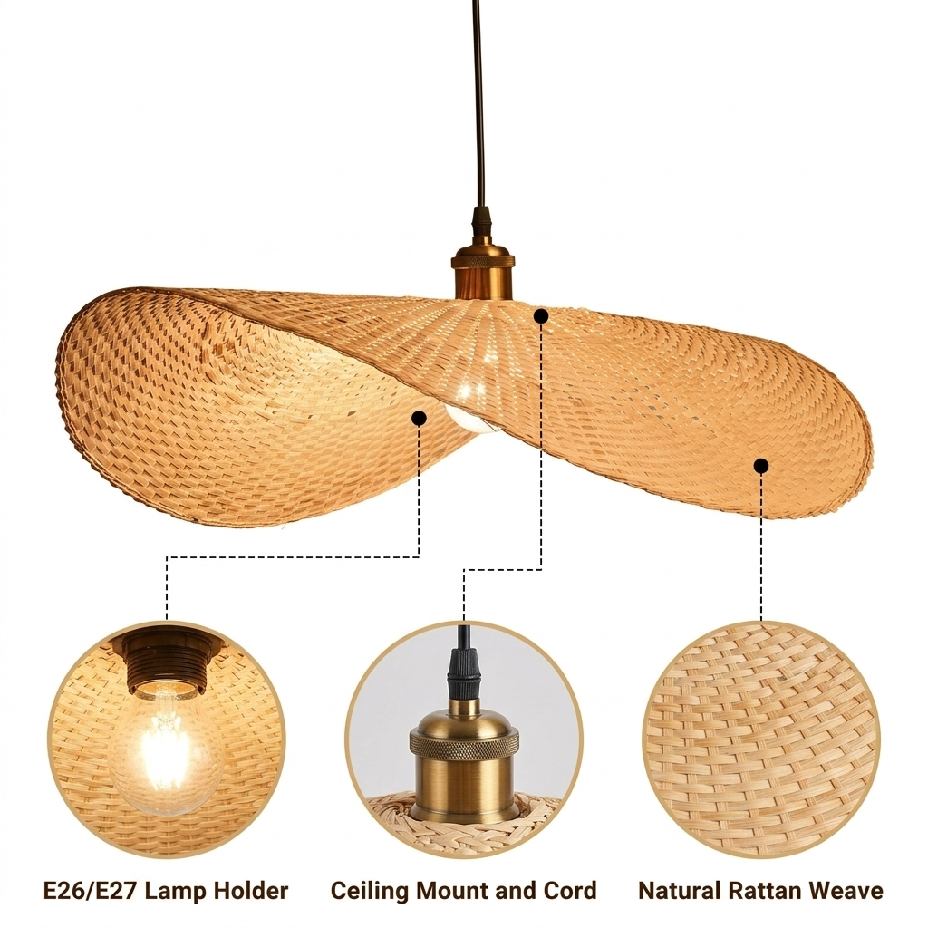 Ren Leaf Wabi Sabi Wicker Rattan Pendant Light with open wicker lattice leaf-shaped weave, adjustable suspension mount, natural matte finish, warm E26 glow