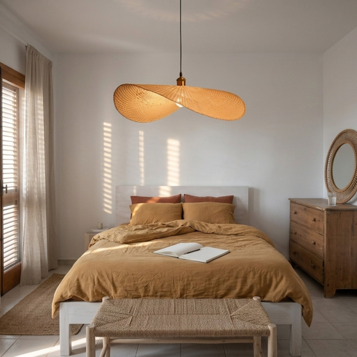 Ren Leaf Wabi Sabi Wicker Rattan Pendant Light in bedroom, 11.8-inch or 15.7-inch leaf shade beside the bed casting soft open-weave shadow at eye level